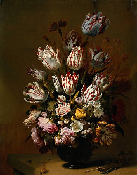 Still Life by Hans Bollongier illustrating Rembrandt tulips.